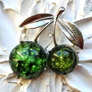 Black & Green Confetti Lucite Cherries Cherry Pendant Silver Tone